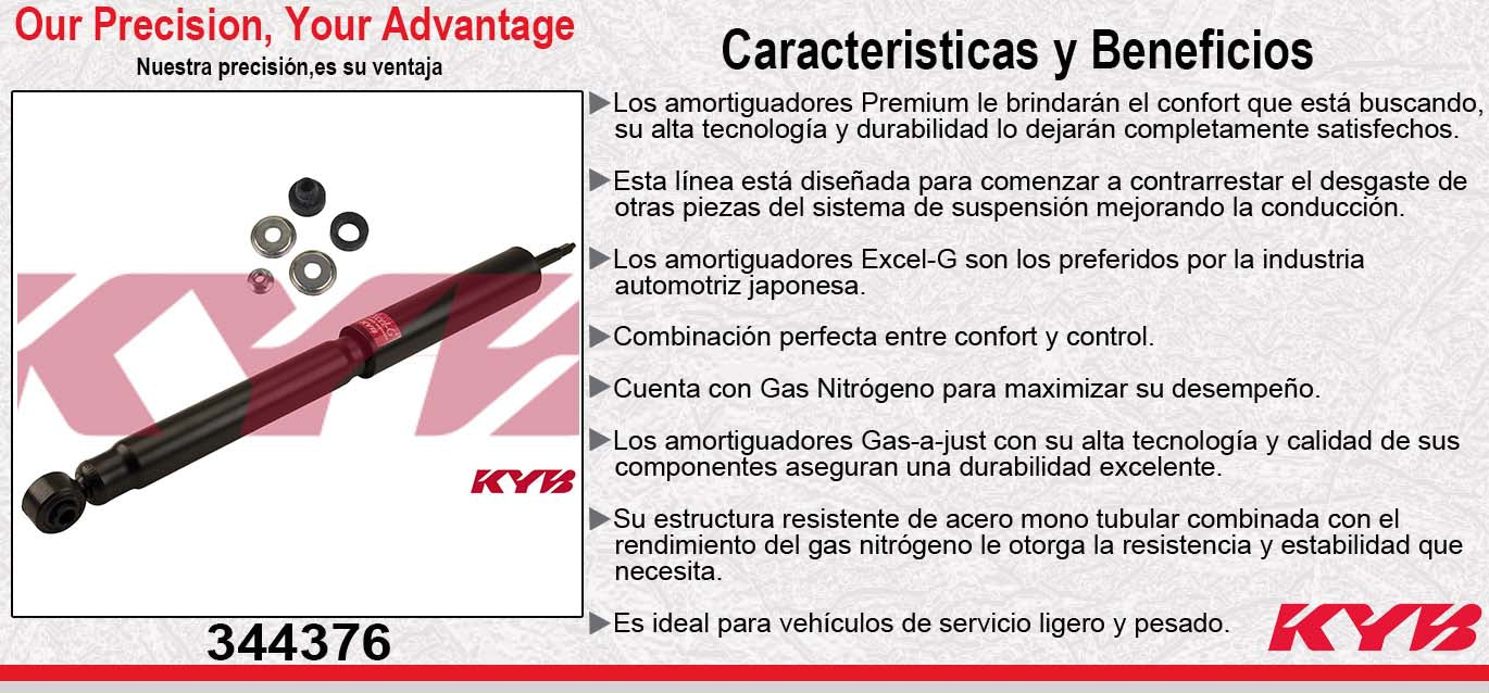 AMORTIGUADOR DELANTERO GAS EXCEL-G DODGE RAM 1500 4X4 (1994-2001) - RAM 2500 4X4 (1994-2002) EXC. 8800 LB. - RAM 3500 4X2 (1994-2006) - RAM 4000 V8 5.7 (1997-2009) - FORD F550 SUPER DUTY V8 6.8 "DIESEL" (2005-2009) . KYB