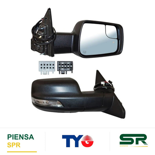 ESPEJO DERECHO CON DIRECCIONAL CON SENSOR ELÉCTRICO DODGE / CHRYSLER RAM POROSO CON DESEMPAÑANTE Y PUNTO CIEGO LUZ INF 11 PINES PU 2019-2025 TYG
