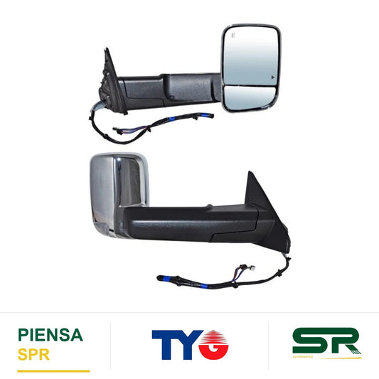 ESPEJO DERECHO ELÉCTRICO 14 PINES CON DIRECCIONAL CON DESEMPAÑANTE CROMADO CON SENSOR DE PUNTO CIEGO CON MEMORIA CON LUZ INFERIOR DODGE PU RAM LINEA NUEVA Q10 TELESCOPICO 2019-2022 TYG