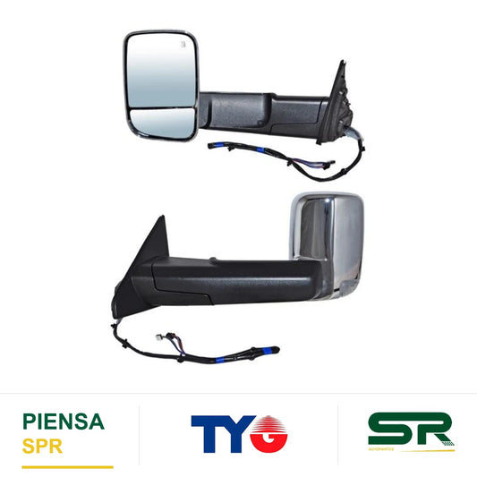 ESPEJO IZQUIERDO ELÉCTRICO 13 PINES CON DIRECCIONAL CON DESEMPAÑANTE CROMADO CON MEMORIA CON LUZ INFERIOR DODGE PU RAM LINEA NUEVA Q10 TELESCOPICO 2019-2022 TYG