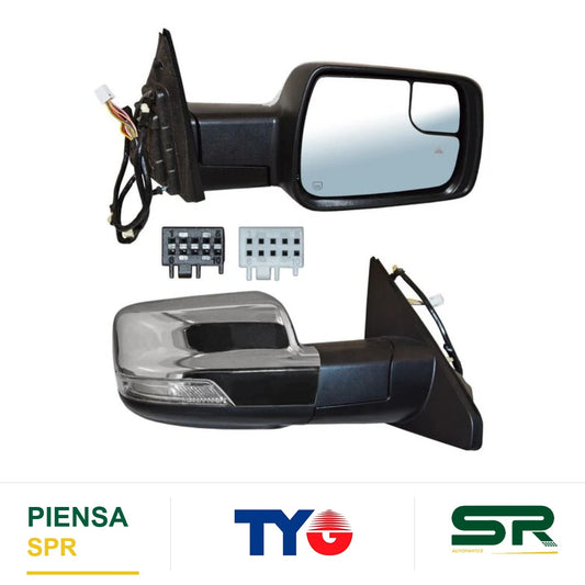 ESPEJO DERECHO ELÉCTRICO 17 PINES CON DIRECCIONAL CON DESEMPAÑANTE CROMADO CON SENSOR DE PUNTO CIEGO CON MEMORIA CON LUZ INFERIOR DODGE PU RAM C 2019-2023 / DODGE SENSOR Y 2019-2023 TYG