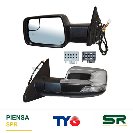 ESPEJO IZQUIERDO ELÉCTRICO CON DIRECCIONAL CON DESEMPAÑANTE CROMADO CON SENSOR DE PUNTO CIEGO CON MEMORIA CON LUZ INFERIOR DODGE PU RAM C 2019-2023 / DODGE SENSOR Y 2019-2023 TYG