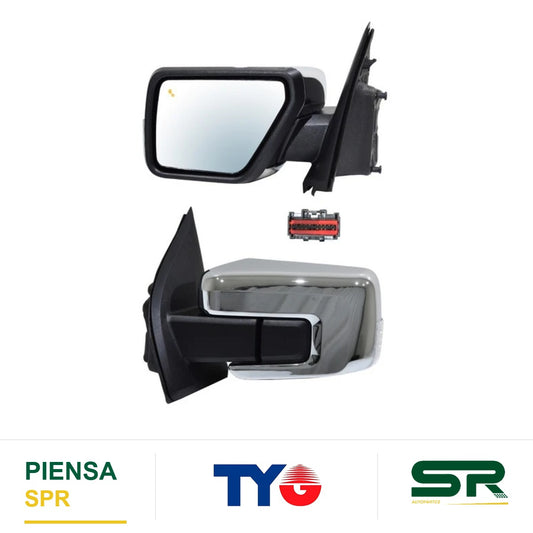 ESPEJO DERECHO ELÉCTRICO 16 PINES CON DIRECCIONAL CON DESEMPAÑANTE AUTOABATIBLE CROMADO CON SENSOR DE PUNTO CIEGO CON MEMORIA CON LUZ INFERIOR FORD PICKUP F-150 250404 2021-2024 TYG