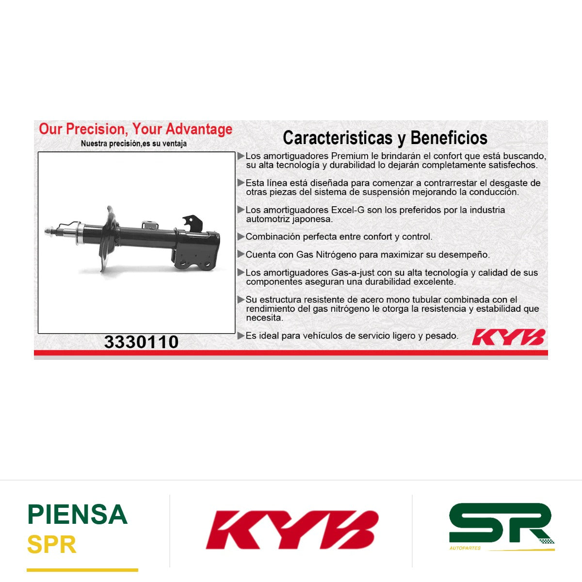 AMORTIGUADOR DELANTERO DERECHO GAS EXCEL-G TOYOTA AVANZA TODOS (2012-2019). KYB