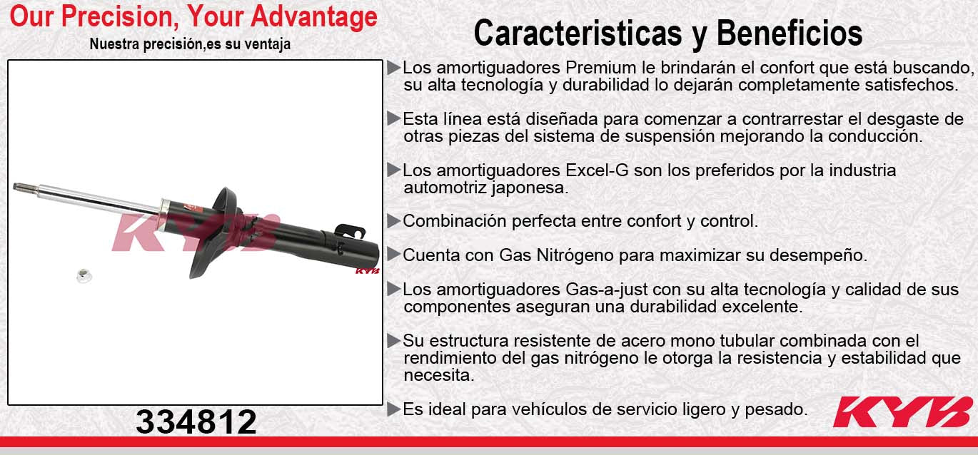 AMORTIGUADOR DELANTERO GAS EXCEL-G AUDI A3 (1998-2003) - SEAT LEON (2001-2005) - TOLEDO (2001-2005) - VW. GOLF A4 (1999-2007) - BEETLE (1998-2011) - CLASICO A4 (2011-2015) - JETTA A4 (1999-2015). KYB